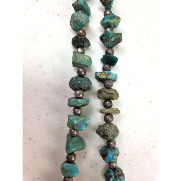 Vintage Turquoise Silver Nugget Beaded Necklace Chunky Rustic Boho Slip On 92gr - Picture 7 of 10